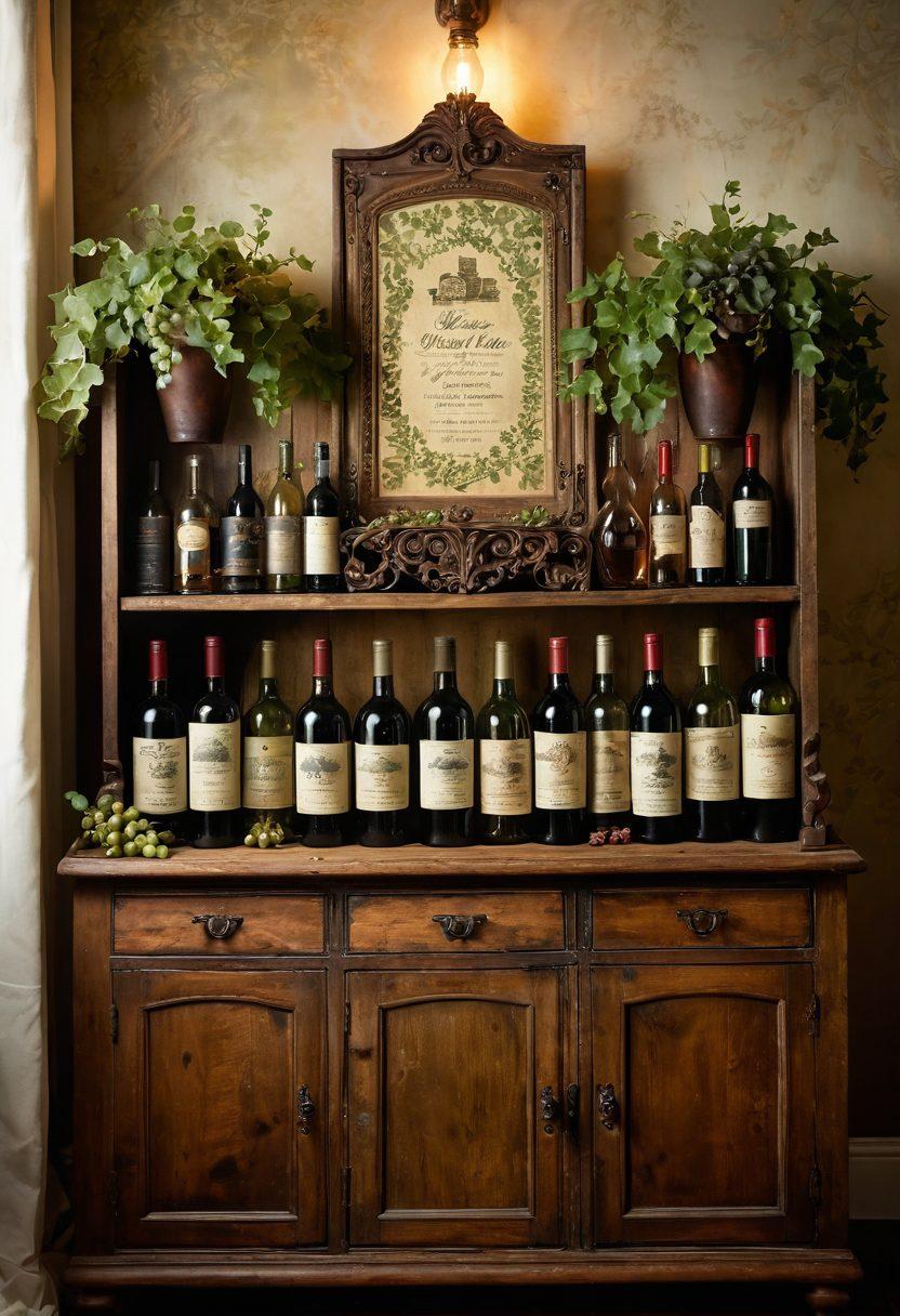 An elegant wine display featuring an array of vintage bottles set against a backdrop of antique decor, including a beautifully aged wooden cabinet and lush green vines. Soft, warm lighting creates a cozy ambiance, accentuating the textures of the wine labels and the intricate designs of the antique pieces. A hint of grapes and vintage corks scattered for added detail. super-realistic. warm colors. intimate setting.