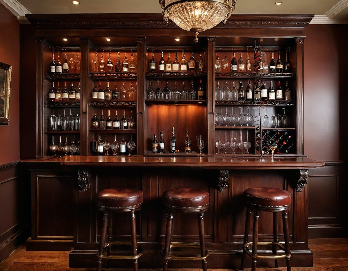 A luxurious home bar setting featuring an exquisite collection of fine wines elegantly displayed in antique wooden wine racks. The bar is adorned with vintage glassware and intricate brass accents, creating a sophisticated ambiance. Soft, warm lighting enhances the timeless elegance of the space, while a backdrop of rich mahogany walls adds depth. The scene should evoke a sense of indulgence and refinement. super-realistic. warm colors. vintage style.