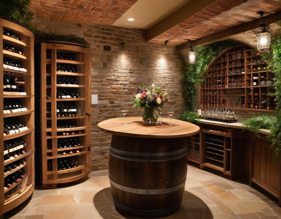 A beautifully designed wine cellar featuring a blend of vintage wooden barrels and modern glass racks filled with an array of wines. The room exhibits rustic charm with exposed brick walls, soft ambient lighting, and intricate wooden details. A tasting table is set with elegant wine glasses and a charcuterie board, surrounded by lush greenery. Everything should evoke a sense of luxury and warmth, combining timeless elegance with contemporary flair. super-realistic. vibrant colors.